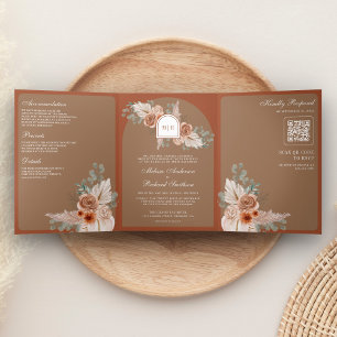 Invitación Tríptica Boda Código QR Terracota Floral Pampas Beige Marró