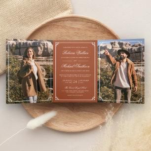 Invitación Tríptica Boda Código QR Terracota Fotografía Minimalista