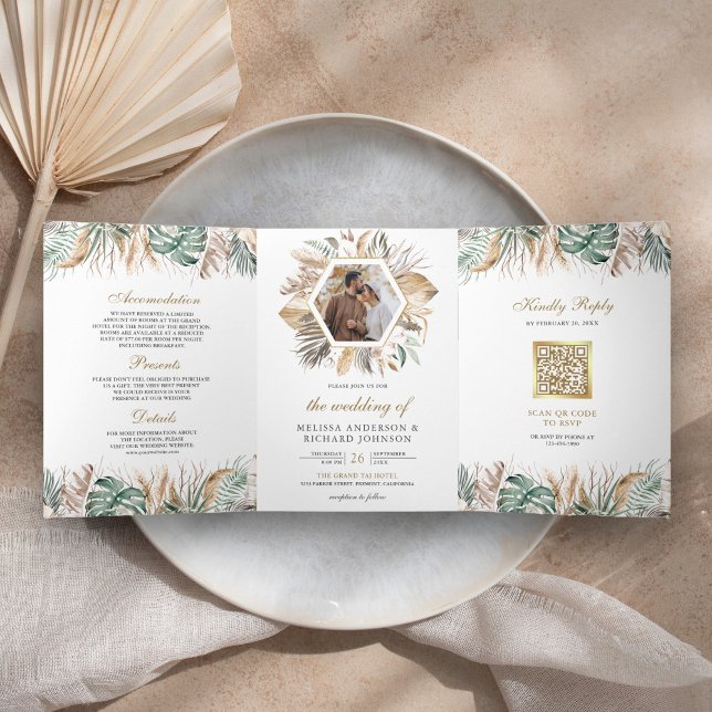 Invitación Tríptica Boda Código QR Todo en Uno Monstera Boho Pampas (Subido por el creador)