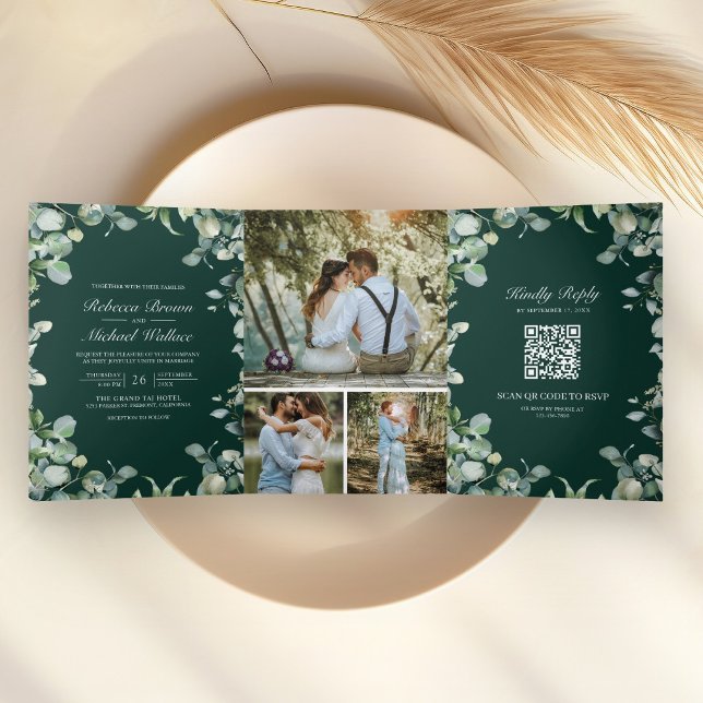 Invitación Tríptica Boda Código QR Verde Esmeralda Eucalipto Moderno (Subido por el creador)