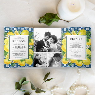 Invitación Tríptica Boda Collage de Fotos de Limón con Azulejos Medite
