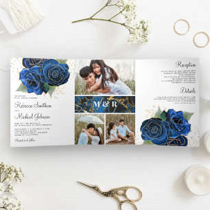 Invitación Tríptica Boda Collage de Fotos Floral Azul Real Dorado