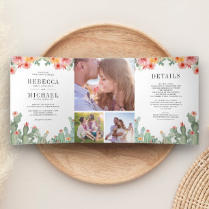 Invitación Tríptica Boda Collage Floral de Cactus Fiesta Mexicana