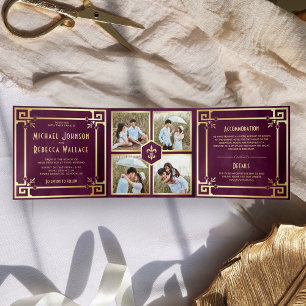 Invitación Tríptica Boda Collage Fotográfico Art Déco Dorado Púrpura C