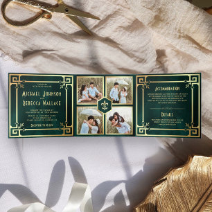 Invitación Tríptica Boda Collage Fotográfico Art Déco Verde Esmeralda 
