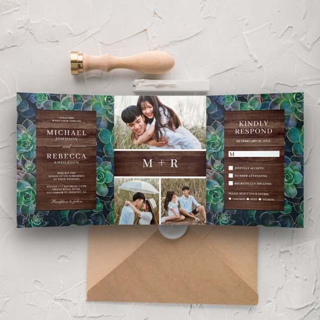 Invitación Tríptica Boda Collage Fotográfico de Suculentas de Madera d (Subido por el creador)