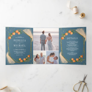 Invitación Tríptica Boda Collage Fotográfico Naranja Cítrico Azul Polv