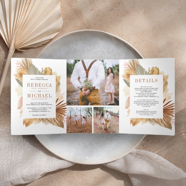 Invitación Tríptica Boda Collage Fotográfico Palma Seca Boho Pampas (Subido por el creador)