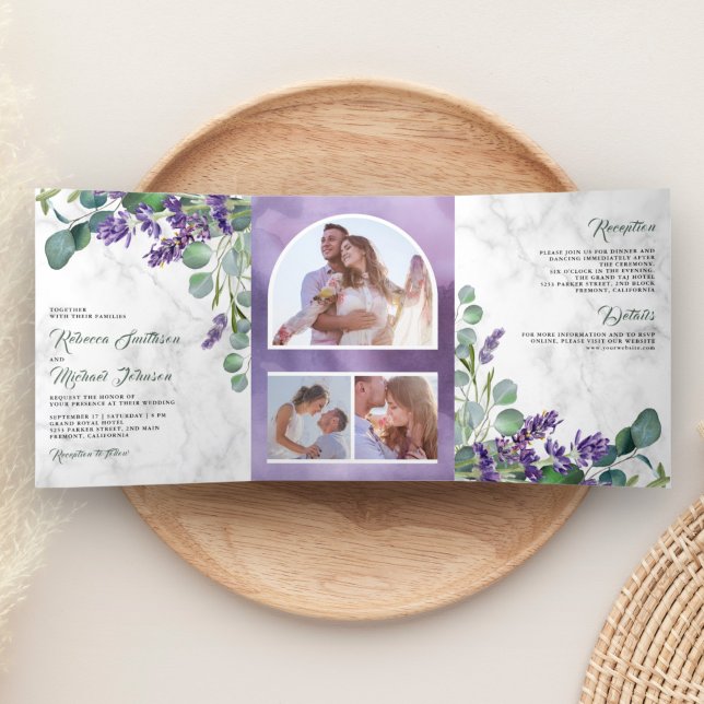 Invitación Tríptica Boda con Arco de Fotos Rústico de Lavanda y Eucali (Subido por el creador)