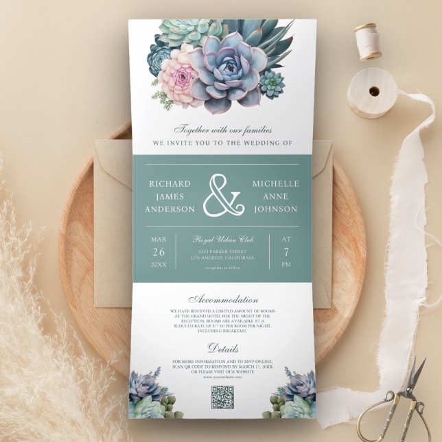 Invitación Tríptica Boda con código QR Ampersand de suculentas pastel (Subido por el creador)