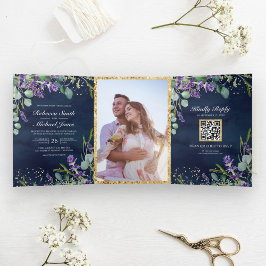 Invitación Tríptica Boda con código QR azul marino de lavanda y eucali