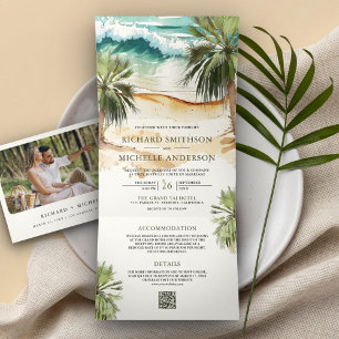 Invitación Tríptica Boda con código QR de acuarela tropical en Palm Be