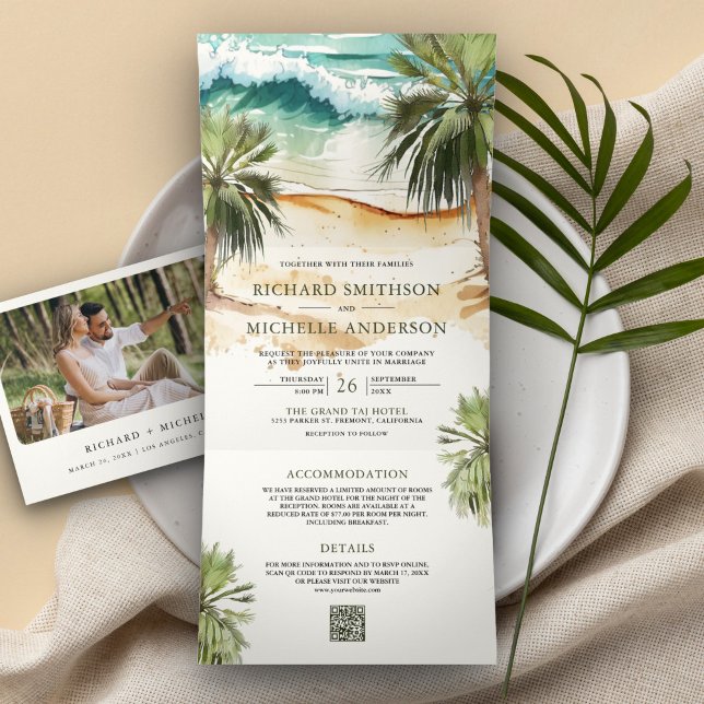 Invitación Tríptica Boda con código QR de acuarela tropical en Palm Be (Subido por el creador)