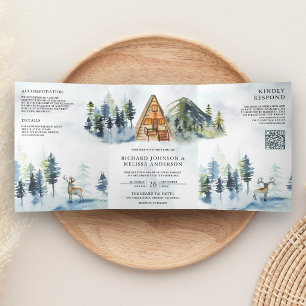 Invitación Tríptica Boda con código QR de cabaña de montaña con temáti