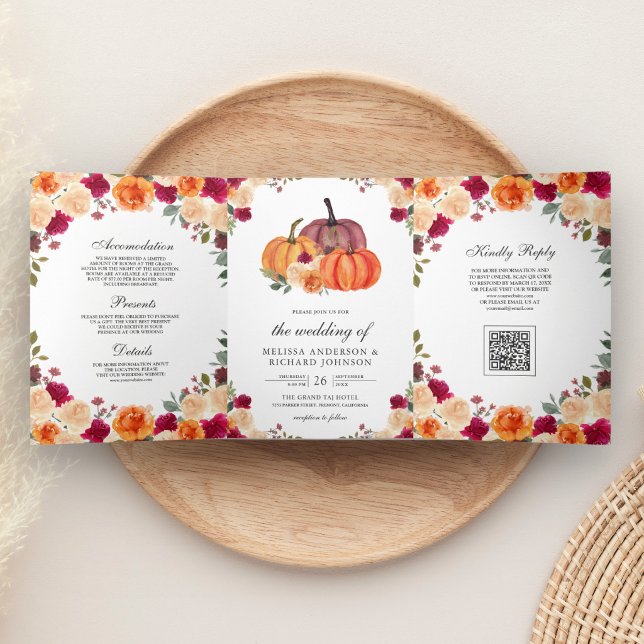 Invitación Tríptica Boda con código QR de calabaza naranja quemada (Subido por el creador)