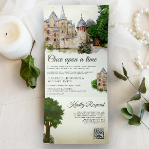 Invitación Tríptica Boda con Código QR de Castillo de Cuento de Hadas