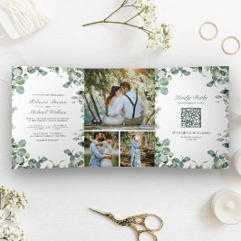 Invitación Tríptica Boda con Código QR de Colaje de Fotos de Eucalipto