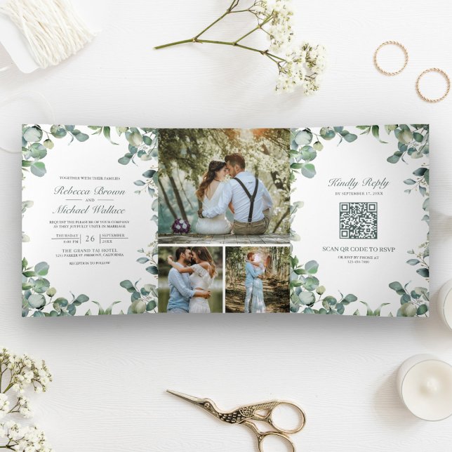 Invitación Tríptica Boda con Código QR de Colaje de Fotos de Eucalipto (Subido por el creador)