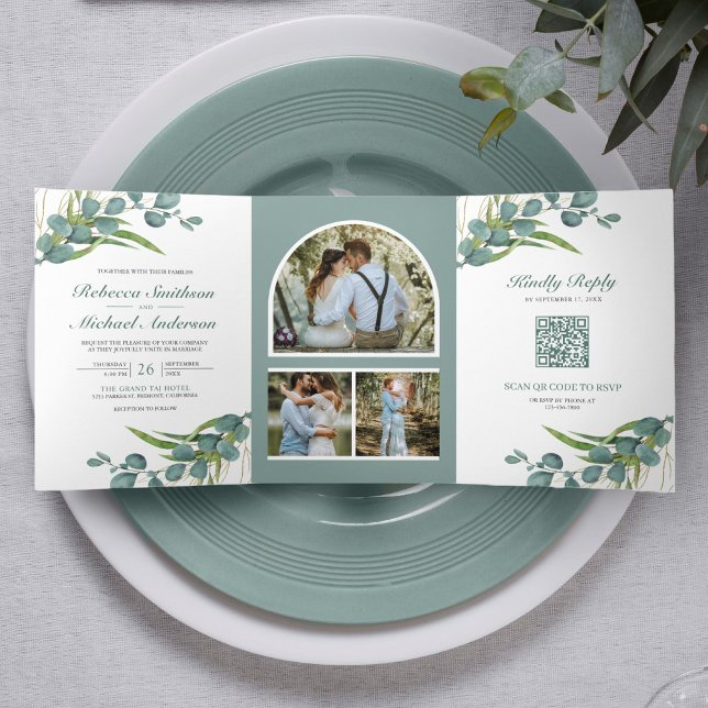 Invitación Tríptica Boda con Código QR de Colaje de Fotos de Eucalipto (Subido por el creador)