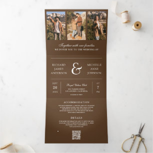 Invitación Tríptica Boda con código QR de collage de fotos minimalista
