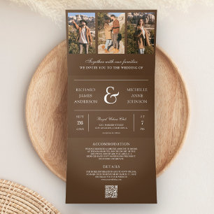 Invitación Tríptica Boda con código QR de collage de fotos minimalista