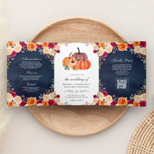 Invitación Tríptica Boda con código QR de color naranja quemado y cala