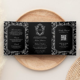 Invitación Tríptica Boda con código QR de cresta de chinoiserie negro
