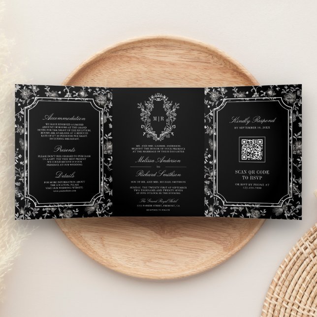 Invitación Tríptica Boda con código QR de cresta de chinoiserie negro (Subido por el creador)