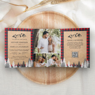 Invitación Tríptica Boda con código QR de cuadros de montaña Kraft roj