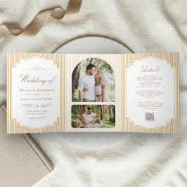 Invitación Tríptica Boda con código QR de foto a rayas beige clásico