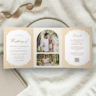 Invitación Tríptica Boda con código QR de foto a rayas beige clásico
