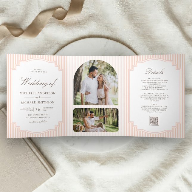 Invitación Tríptica Boda con código QR de foto a rayas de melocotón pa (Subido por el creador)