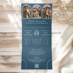 Invitación Tríptica Boda con código QR de foto de arco minimalista azu