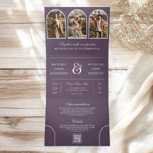 Invitación Tríptica Boda con código QR de foto de arco minimalista mor