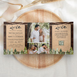Invitación Tríptica Boda con código QR de foto de bosque montañoso rús