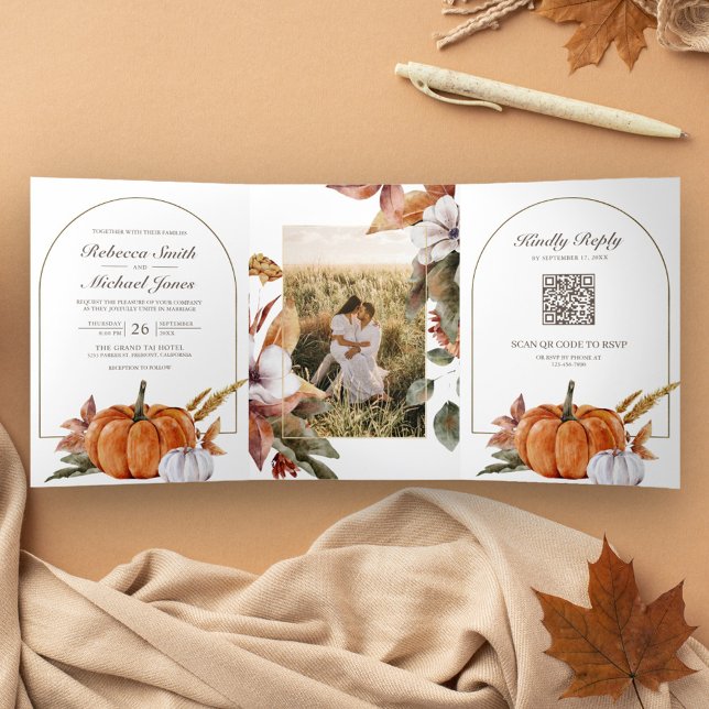 Invitación Tríptica Boda con Código QR de Foto de Calabaza Boho Rústic (Subido por el creador)