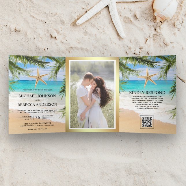 Invitación Tríptica Boda con código QR de foto de estrella de mar de p (Subido por el creador)