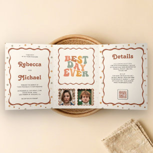 Invitación Tríptica Boda con código QR de foto de flores coloridas ret