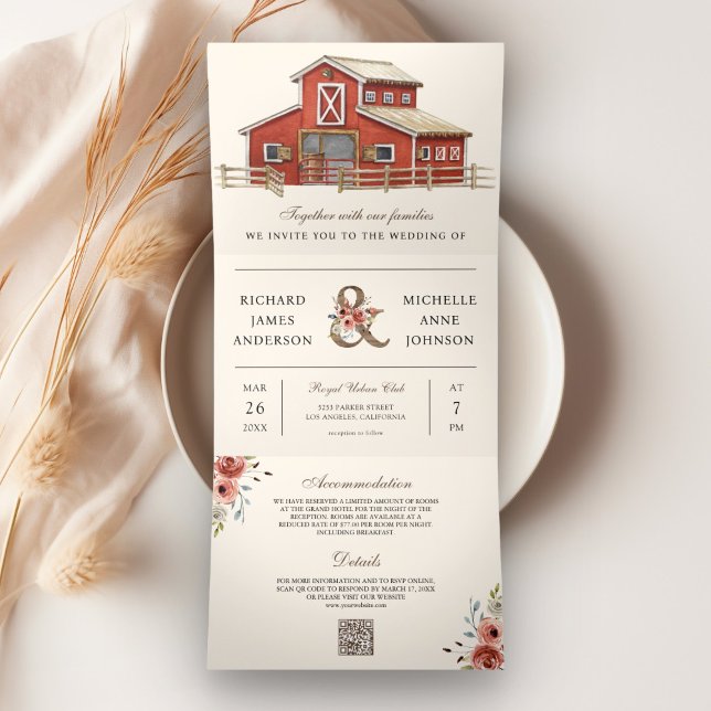 Invitación Tríptica Boda con código QR de granero rojo rústico de gran (Subido por el creador)