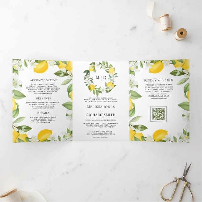 Invitación Tríptica Boda con código QR de limonero cítrico rústico (Interior)