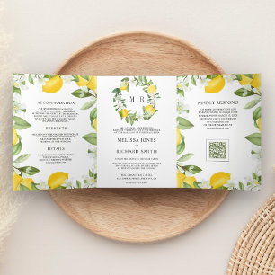 Invitación Tríptica Boda con código QR de limonero cítrico rústico
