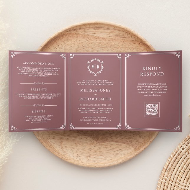 Invitación Tríptica Boda con código QR de monograma blanco y rosa polv (Subido por el creador)