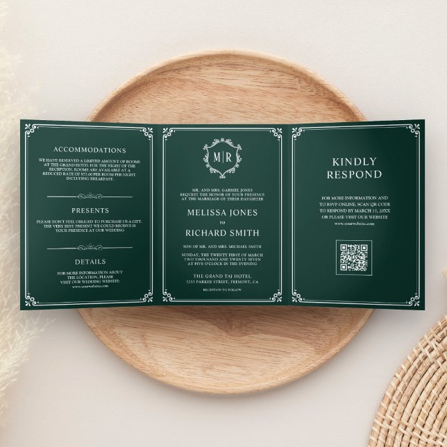 Invitación Tríptica Boda con código QR de monograma blanco y verde esm (Subido por el creador)