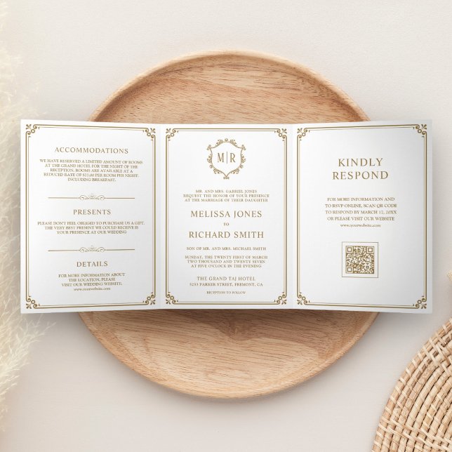 Invitación Tríptica Boda con Código QR de Monograma Clásico Blanco y D (Subido por el creador)