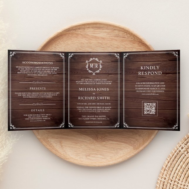 Invitación Tríptica Boda con código QR de monograma y madera de graner (Subido por el creador)