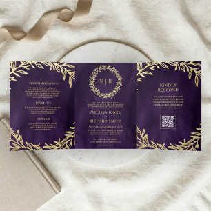 Invitación Tríptica Boda con código QR de rama de hoja de oro púrpura 