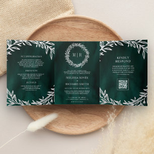 Invitación Tríptica Boda con código QR de rama de hoja de plata verde 
