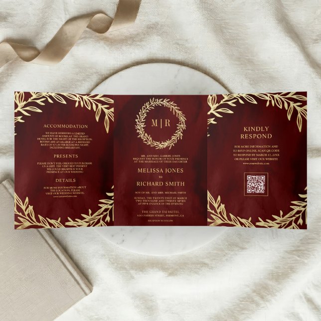 Invitación Tríptica Boda con código QR de rama de hoja dorada roja gra (Subido por el creador)
