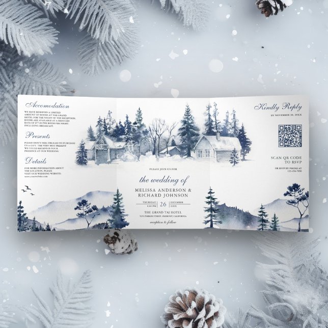 Invitación Tríptica Boda con código QR del bosque de pinos de montaña  (Subido por el creador)