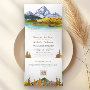 Invitación Tríptica Boda con código QR del lago del bosque de montaña